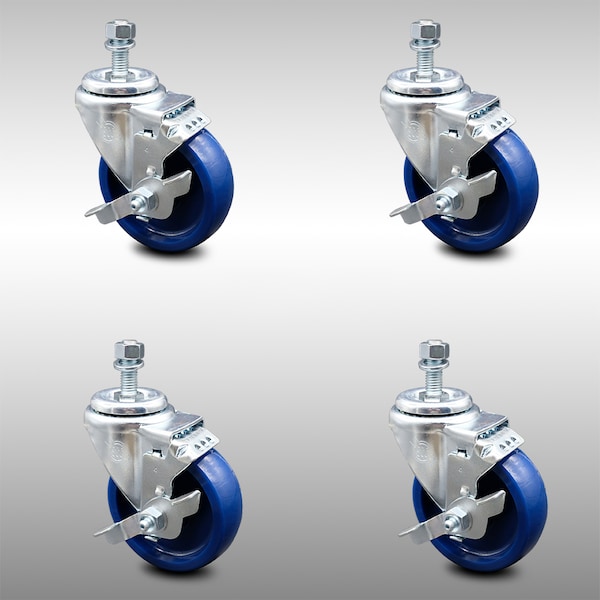 Service Caster 4 Inch SS Solid Polyurethane Swivel 3/8 Inch Threaded Stem Caster Set Brake SCC SCC-SSTS20S414-SPUS-TLB-381615-4 - main